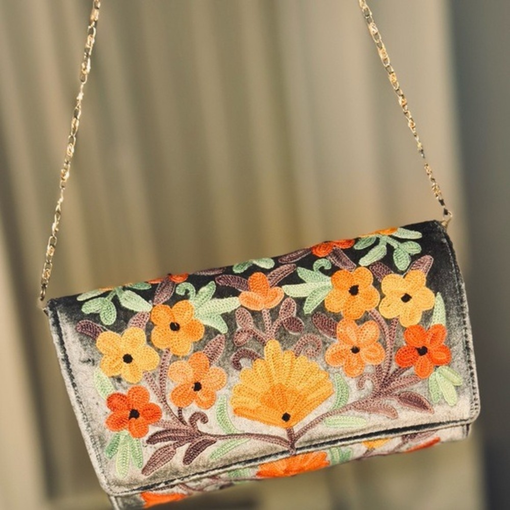 Kashmiri Velvet Floral Embroidered Clutch Crossbody Bag Boho